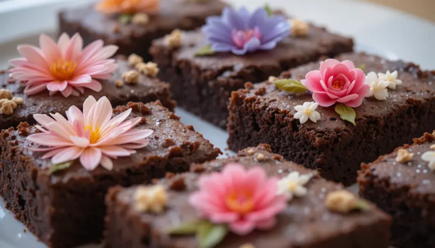 Chocolate Brownies With Floral Decorations