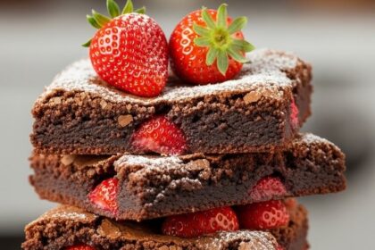 Stack Of Chocolate Brownies With Strawberries