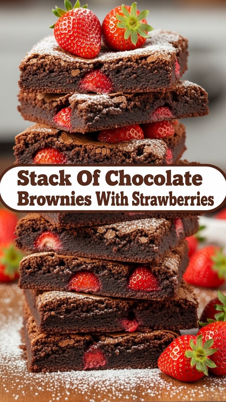 Stack Of Chocolate Brownies With Strawberries