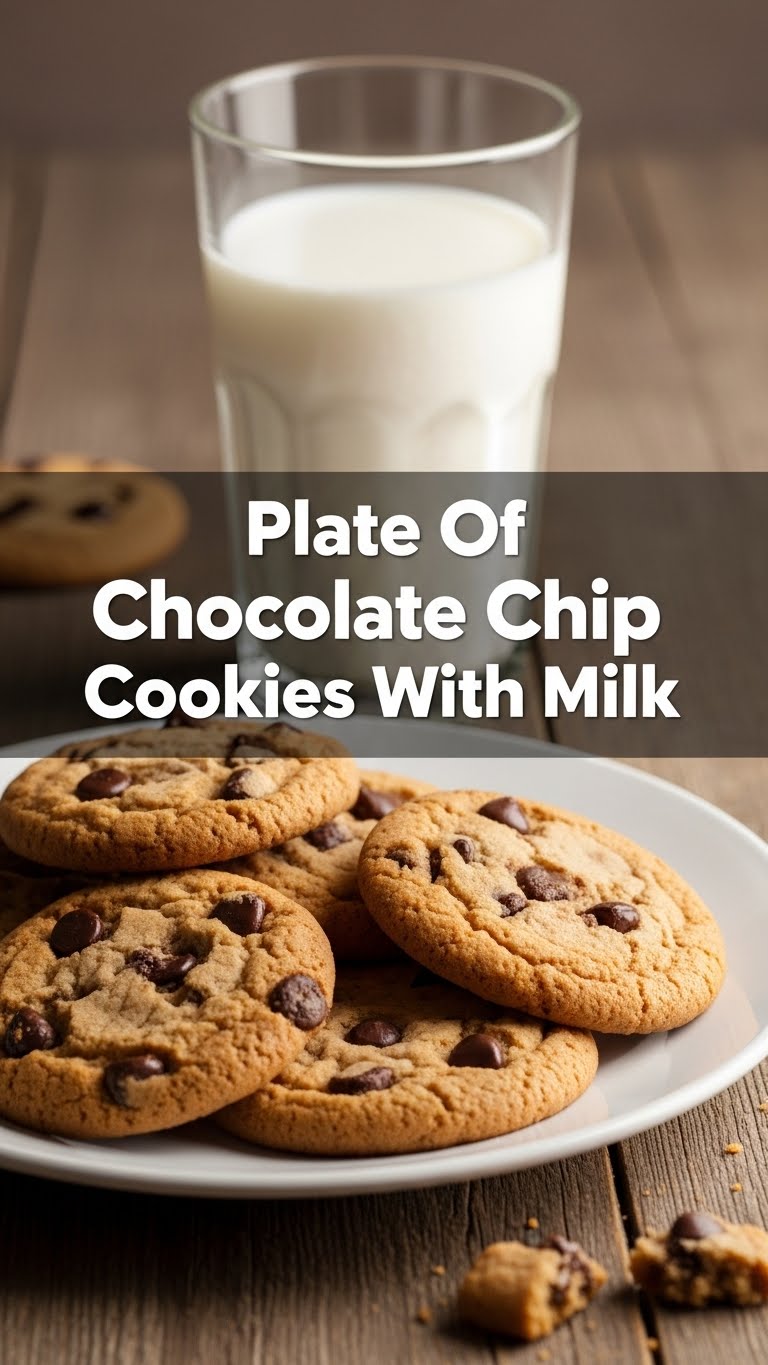 Plate Of Chocolate Chip Cookies With Milk