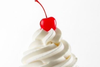 Frozen Yogurt With Whipped Cream And Cherry