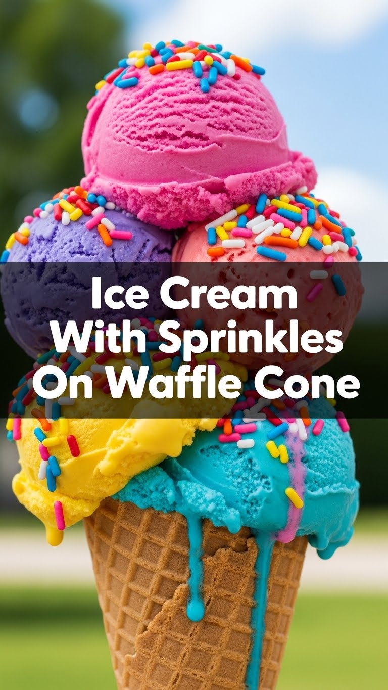 Ice Cream With Sprinkles On Waffle Cone