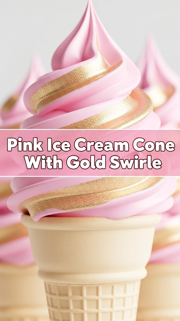 Pink Ice Cream Cone With Gold Swirl