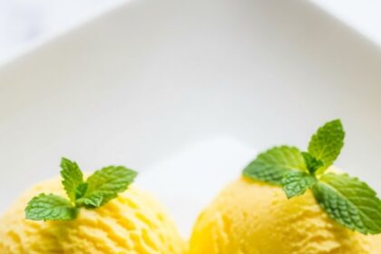 Lemon Ice Cream With Mint Garnish