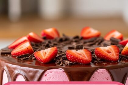 Strawberry Ice Cream Cake With Chocolate Sauce