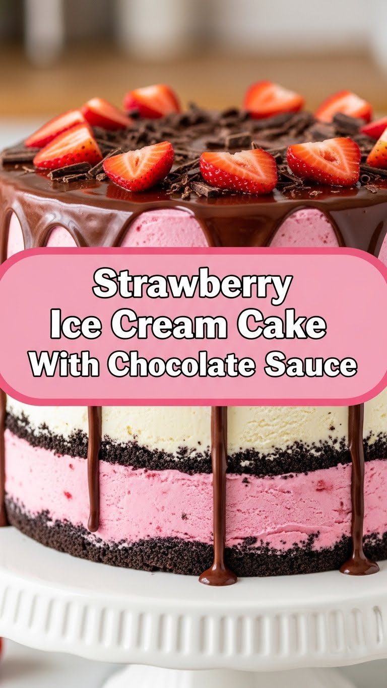 Strawberry Ice Cream Cake With Chocolate Sauce