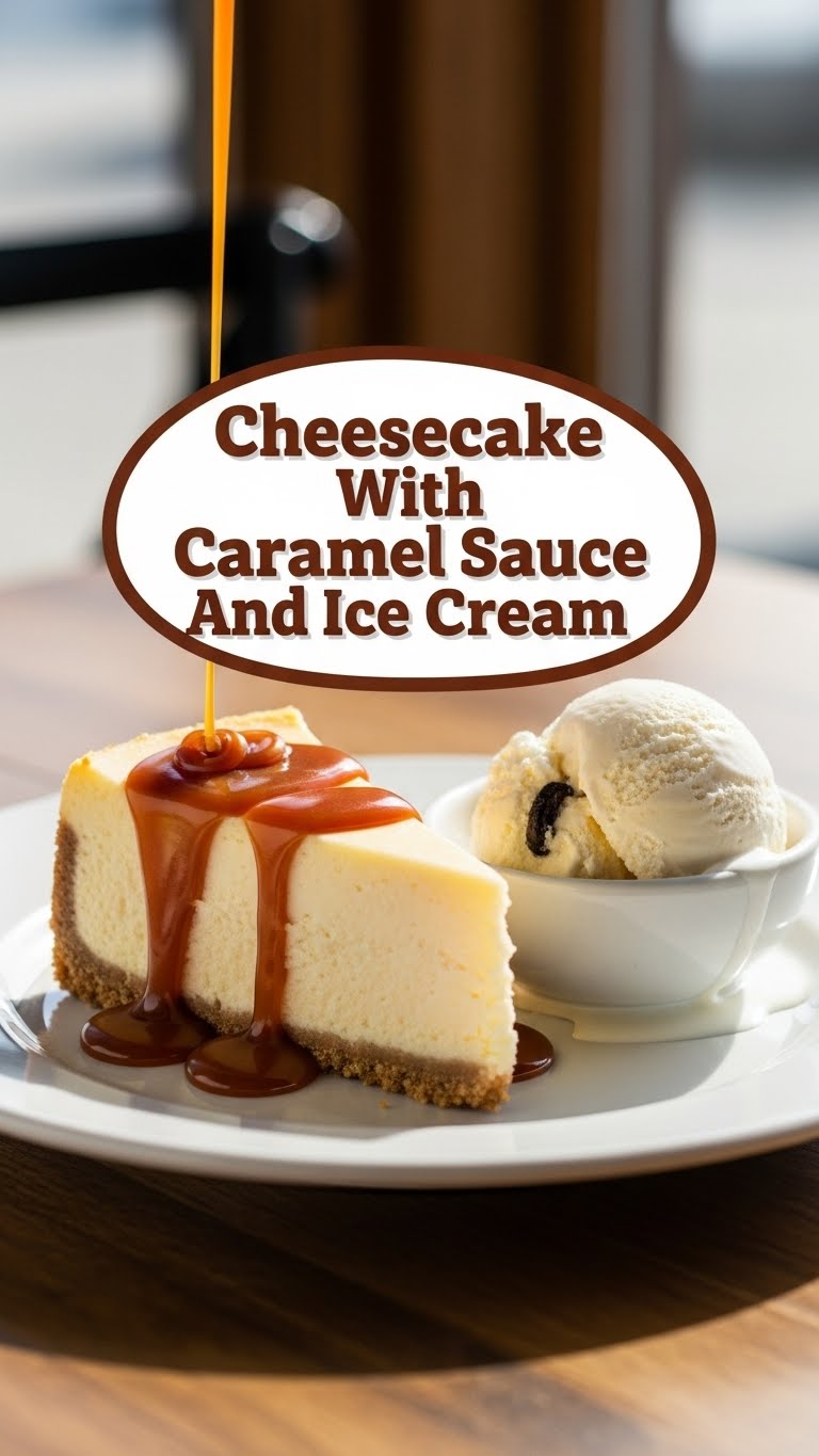 Cheesecake With Caramel Sauce And Ice Cream