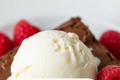 Chocolate Brownie With Ice Cream And Raspberries