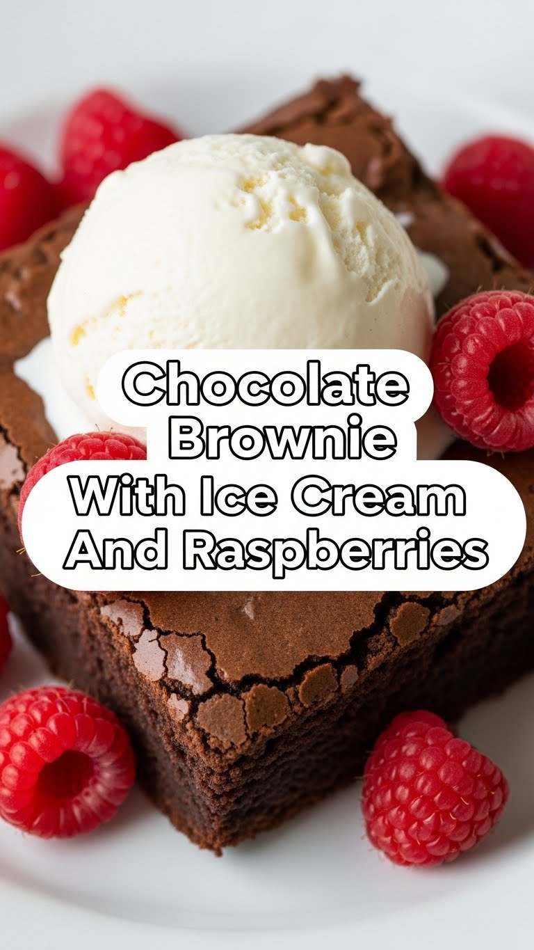 Chocolate Brownie With Ice Cream And Raspberries