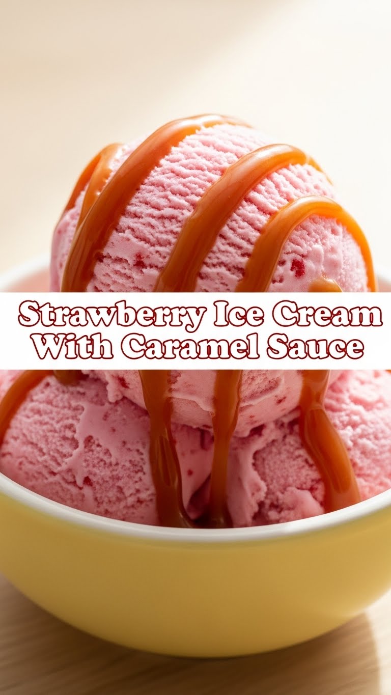 Strawberry Ice Cream With Caramel Sauce