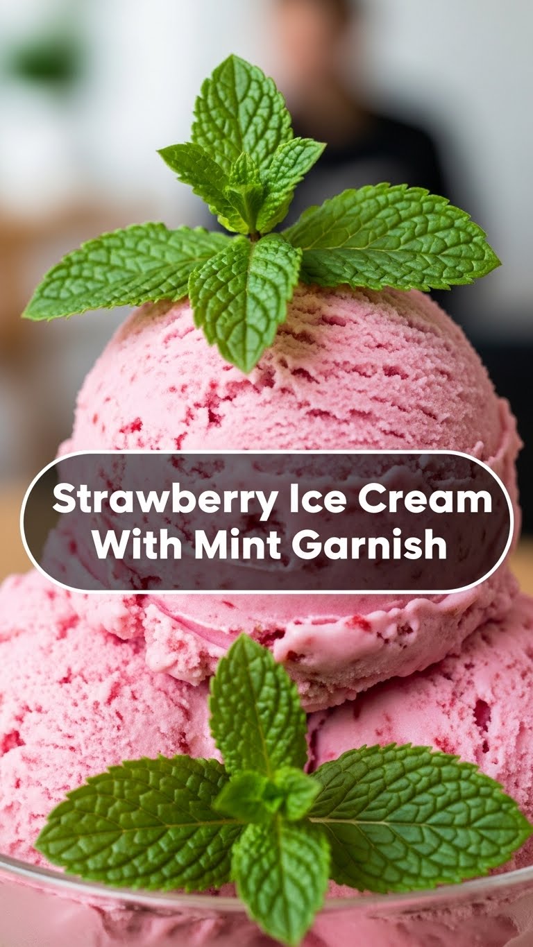 Strawberry Ice Cream With Mint Garnish