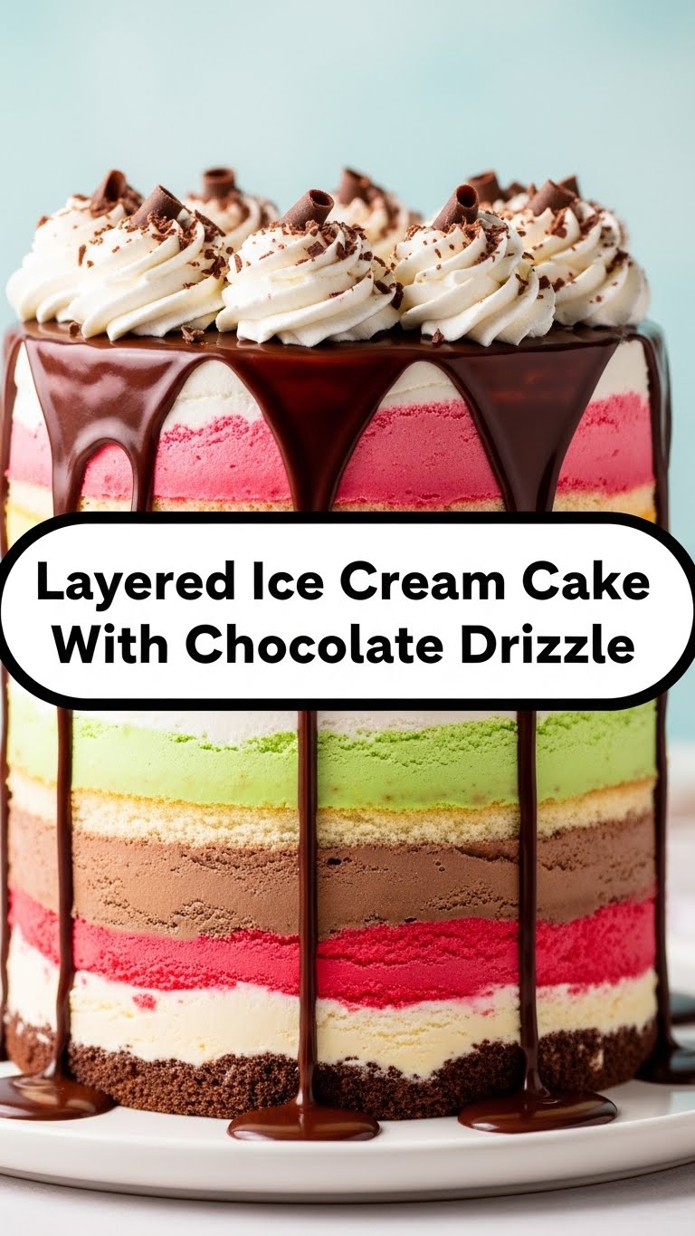 Layered Ice Cream Cake With Chocolate Drizzle