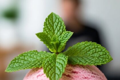 Strawberry Ice Cream With Mint Garnish