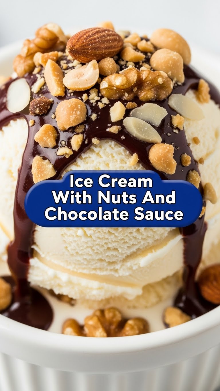 Ice Cream With Nuts And Chocolate Sauce