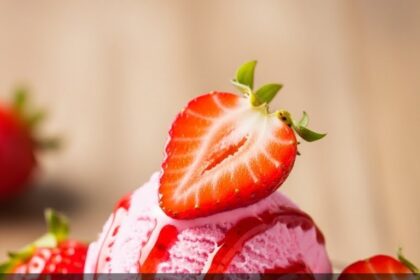Ice Cream With Strawberries In Glass Bowl