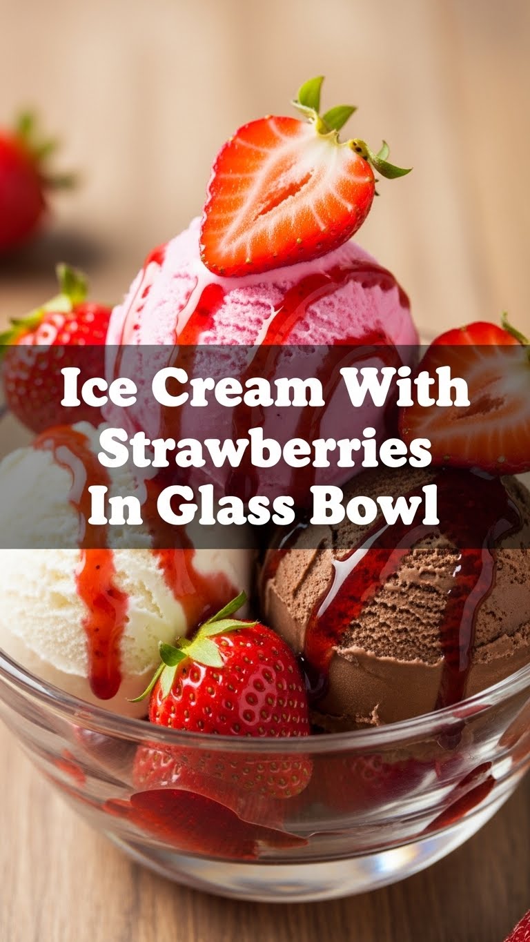 Ice Cream With Strawberries In Glass Bowl