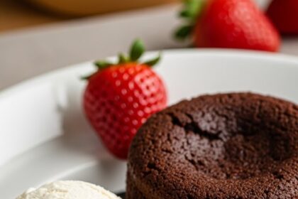 Chocolate Dessert With Strawberries And Ice Cream