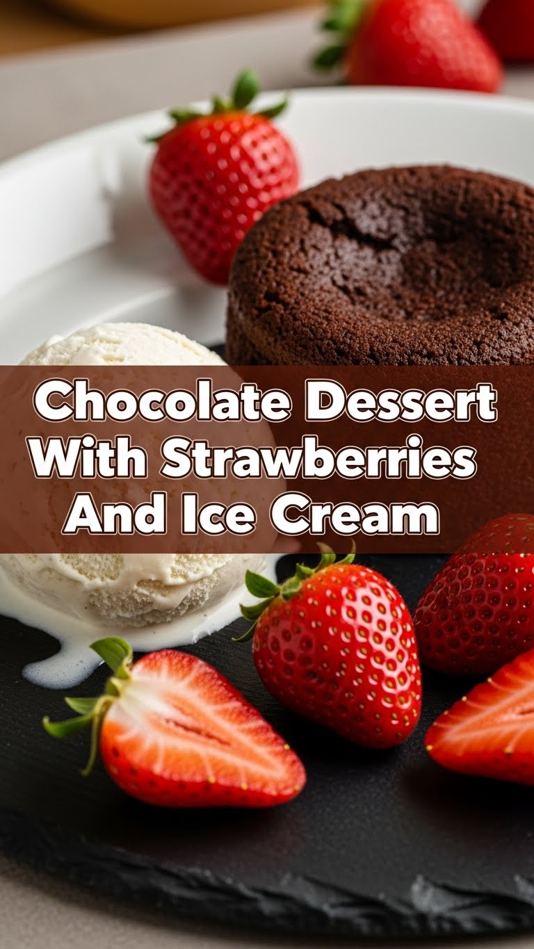Chocolate Dessert With Strawberries And Ice Cream