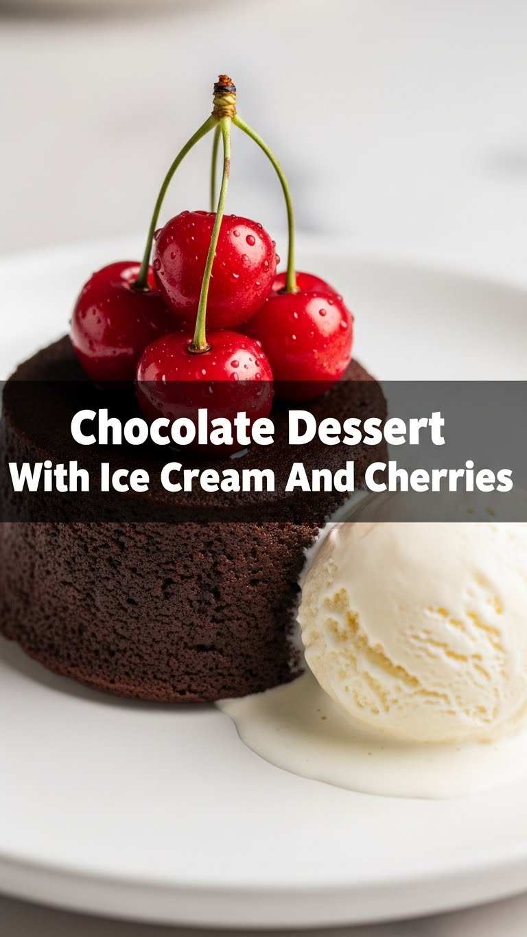 Chocolate Dessert With Ice Cream And Cherries