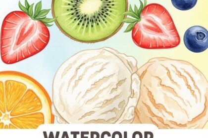 Watercolor Ice Cream With Fruits