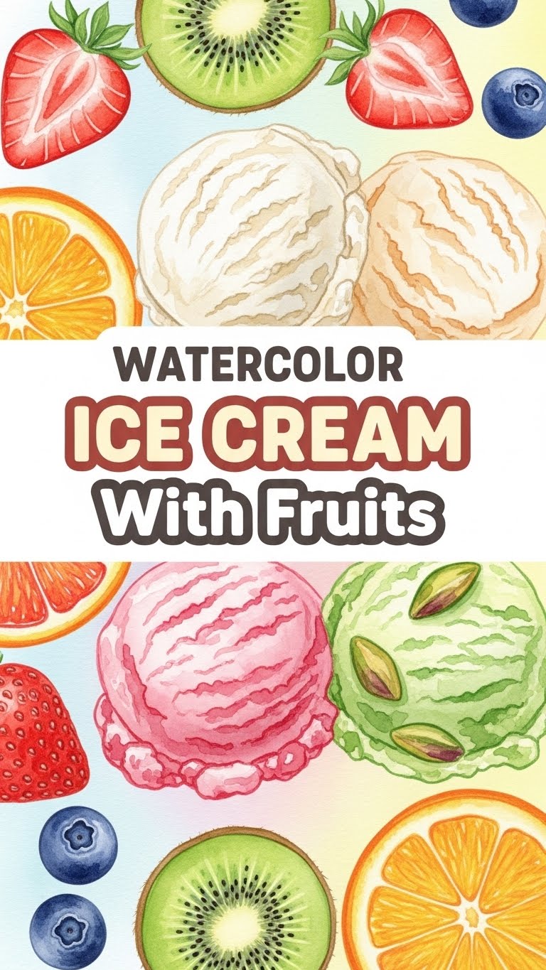 Watercolor Ice Cream With Fruits
