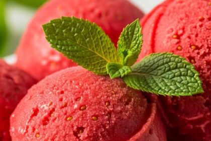 Strawberry Sorbet With Mint Garnish