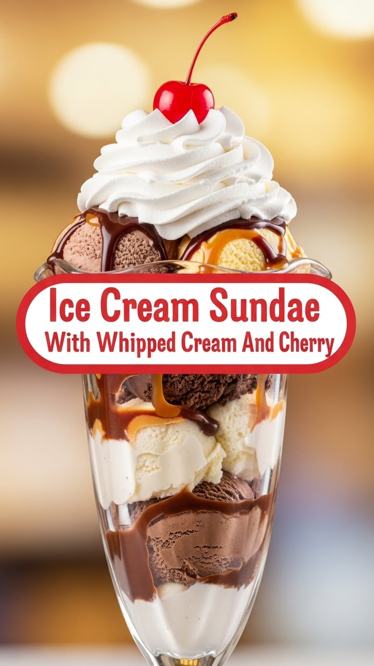 Ice Cream Sundae With Whipped Cream And Cherry
