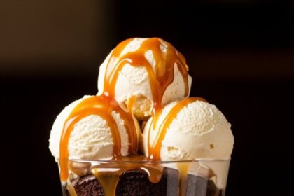 Chocolate Dessert With Caramel And Ice Cream