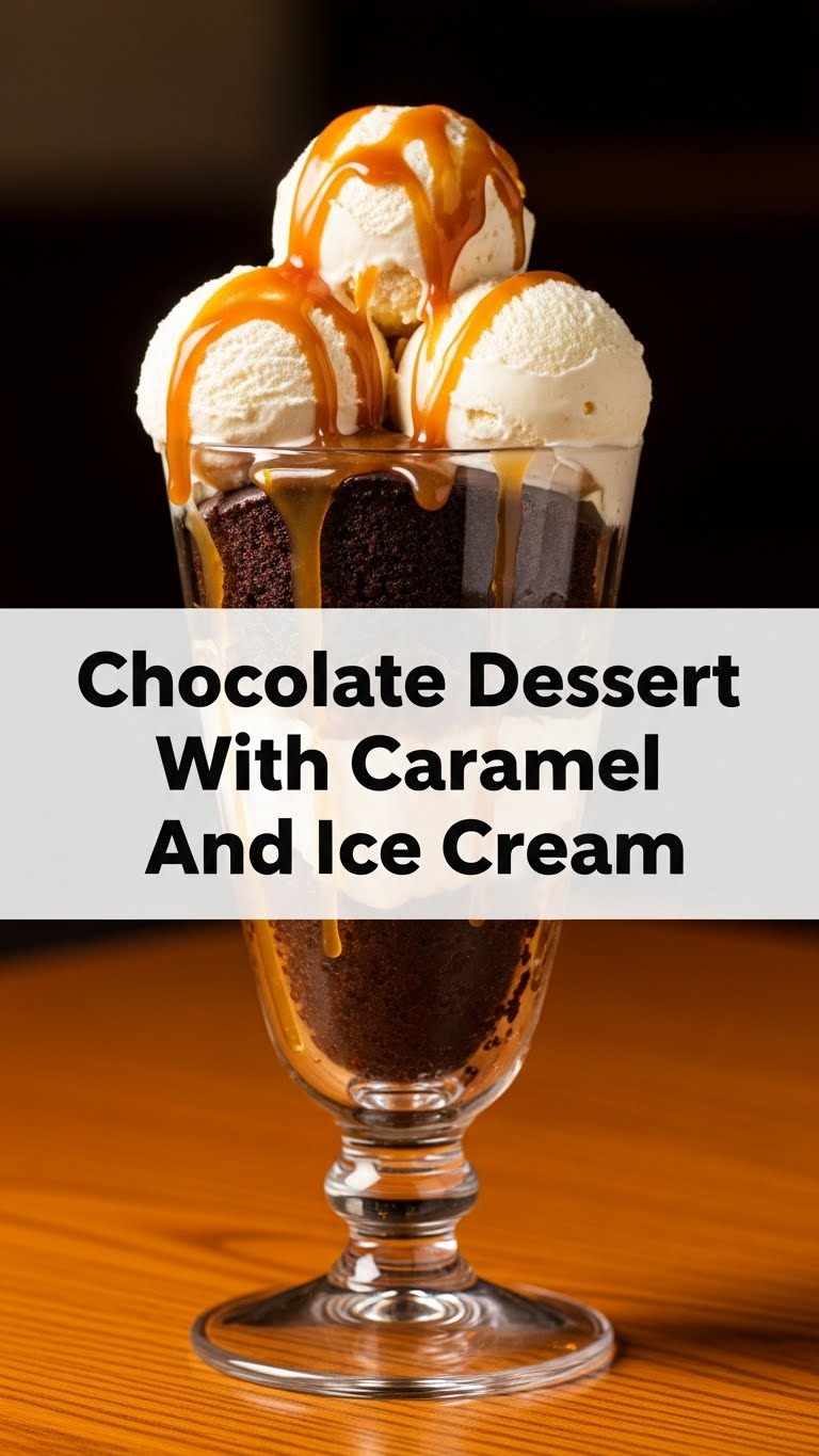 Chocolate Dessert With Caramel And Ice Cream