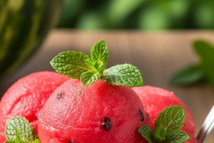 Watermelon Sorbet With Mint Garnish