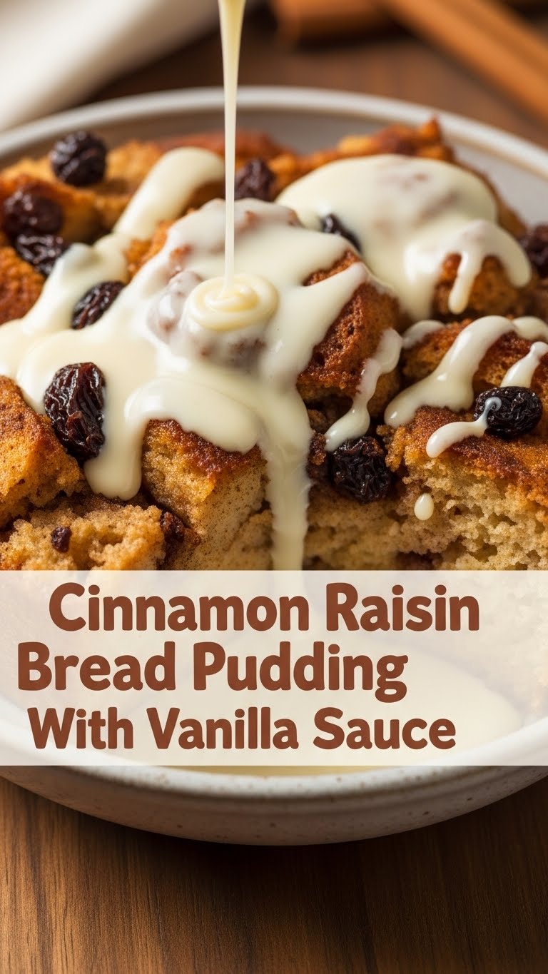 Cinnamon Raisin Bread Pudding With Vanilla Sauce