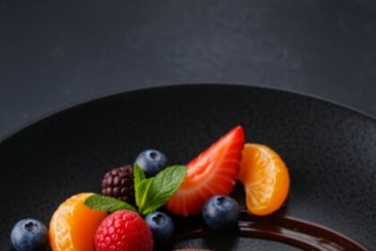 Chocolate Dessert With Fruit And Ice Cream