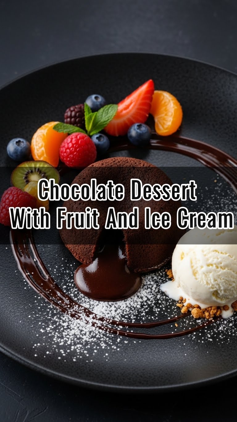 Chocolate Dessert With Fruit And Ice Cream