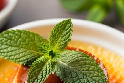 Creme Brulee Dessert With Mint Garnish
