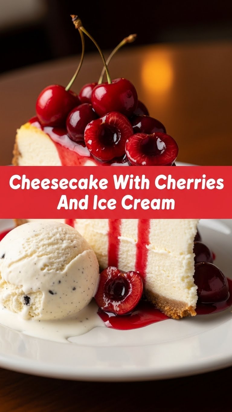 Cheesecake With Cherries And Ice Cream