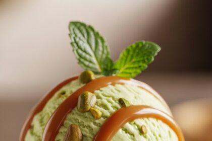 Pistachio Ice Cream With Caramel Sauce