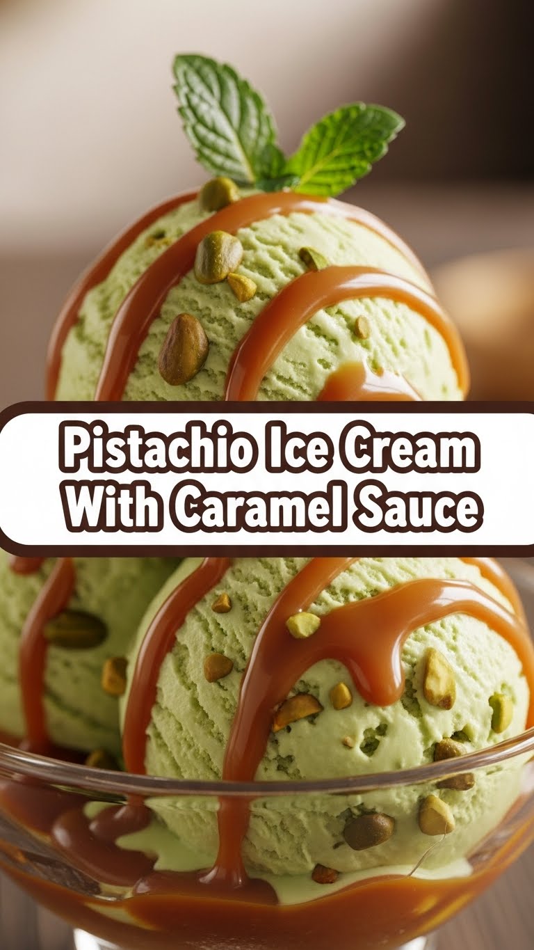 Pistachio Ice Cream With Caramel Sauce