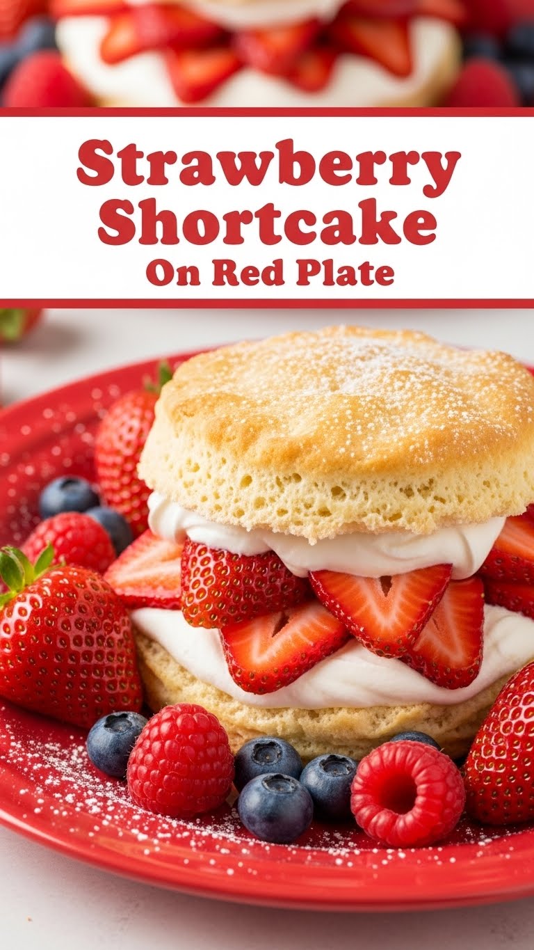 Strawberry Shortcake On Red Plate