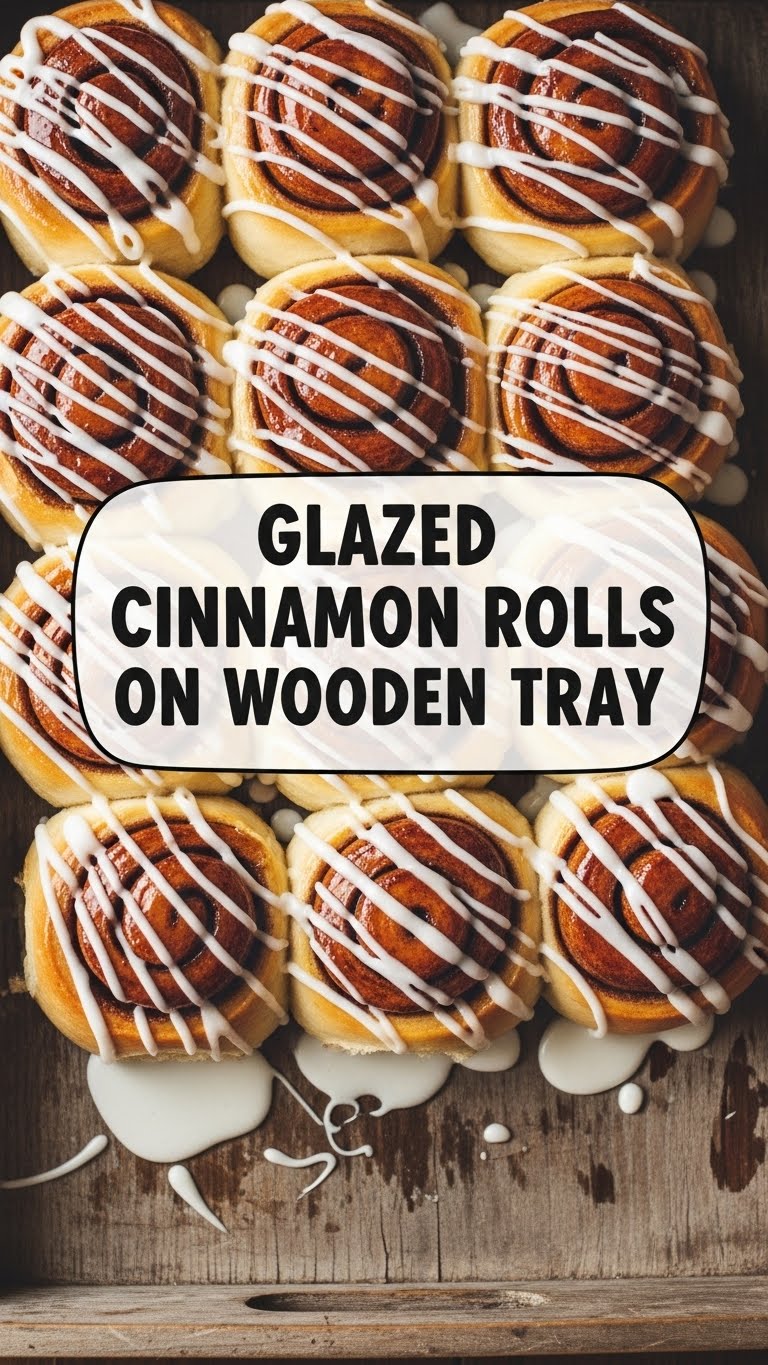 Glazed Cinnamon Rolls On Wooden Tray